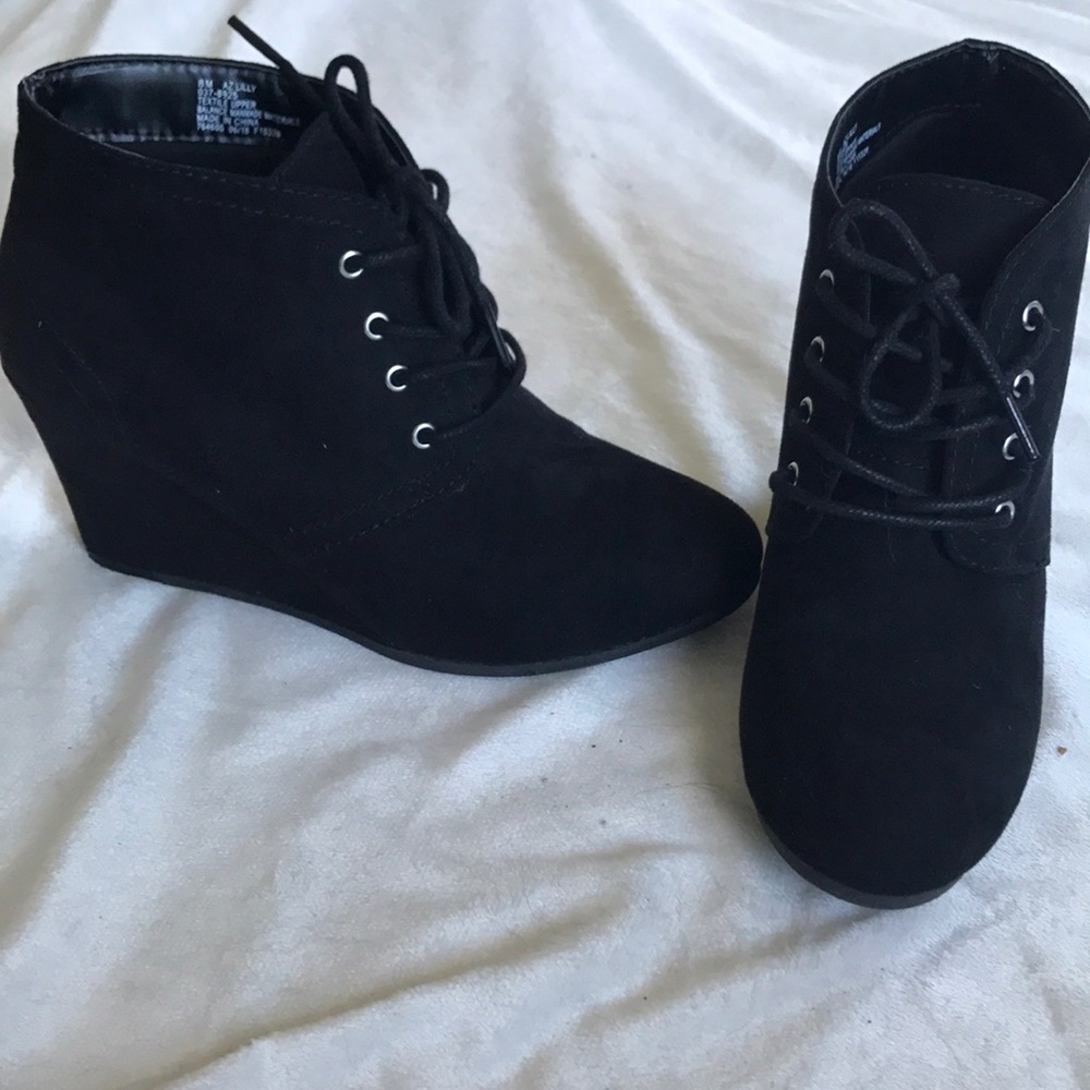 Black wedge heel booties, size 8